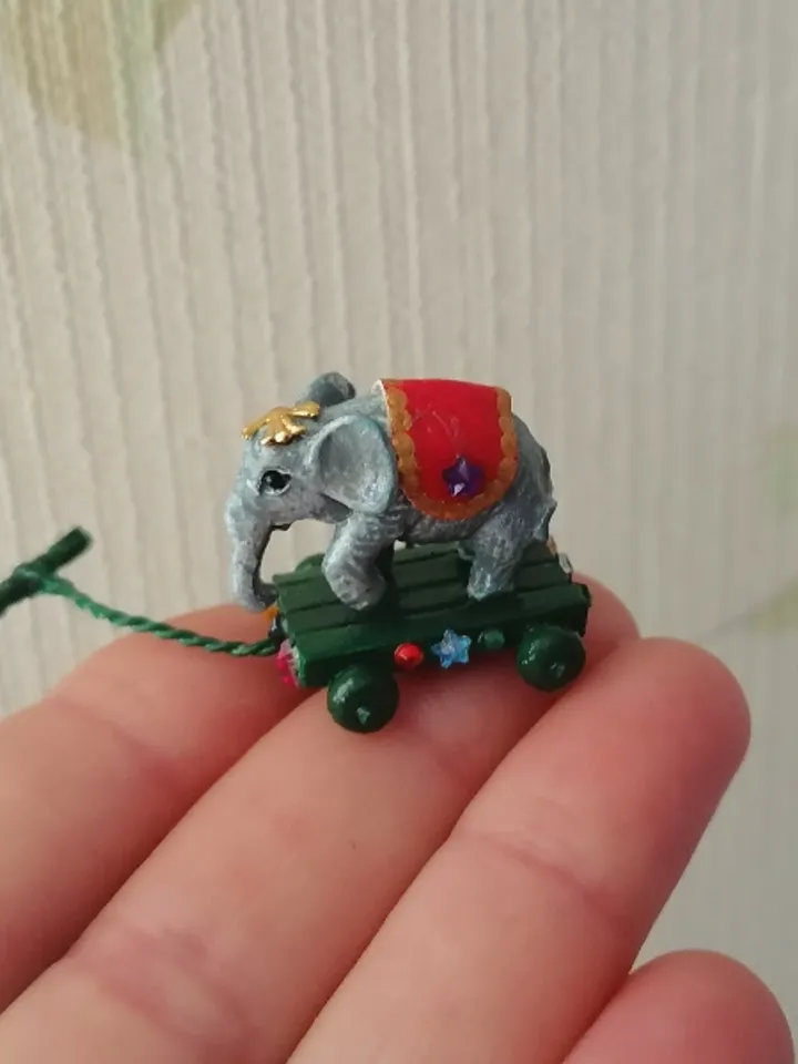 Elephant on a cart. Dollhouse miniature.1:12 scale.