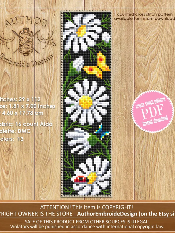 Flower bookmark set cross stitch pattern PDF download Floral bookmark for women, Bookmark pattern digital PDF, Red poppies, Pansy #B236