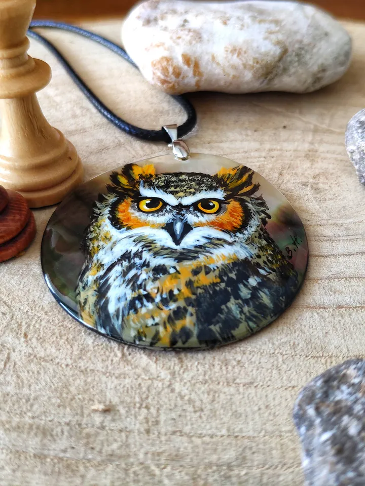 Pearl pendant necklace: Wise and Mysterious Eagle owl on handmade lacquer pendant • Statement wild bird • Aesthetic boho ethnic owl necklace