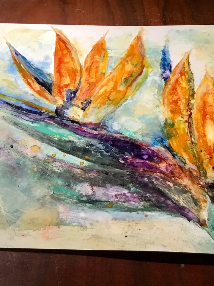 Bird of paradise flower, strelitzia flower original watercolour mix media painting on yupo paper,one of a kind painting,gift,wall art.