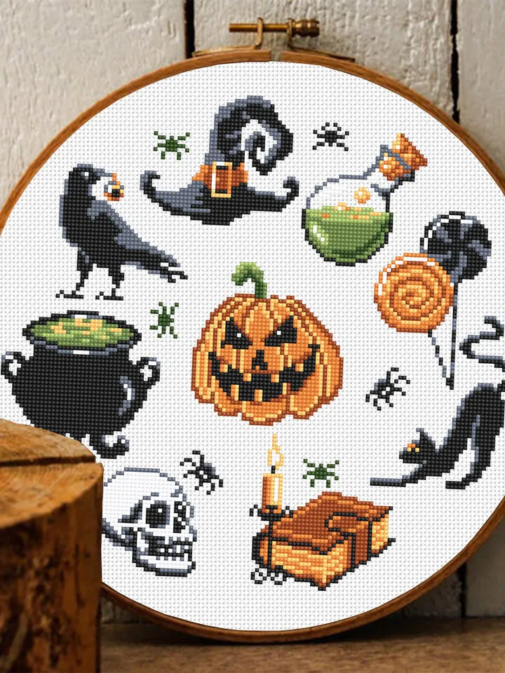 Halloween cross stitch pattern download PDF Beginner stitch Magic horror cross stitch Witch black cat stitch chart Halloween embroidery #H30