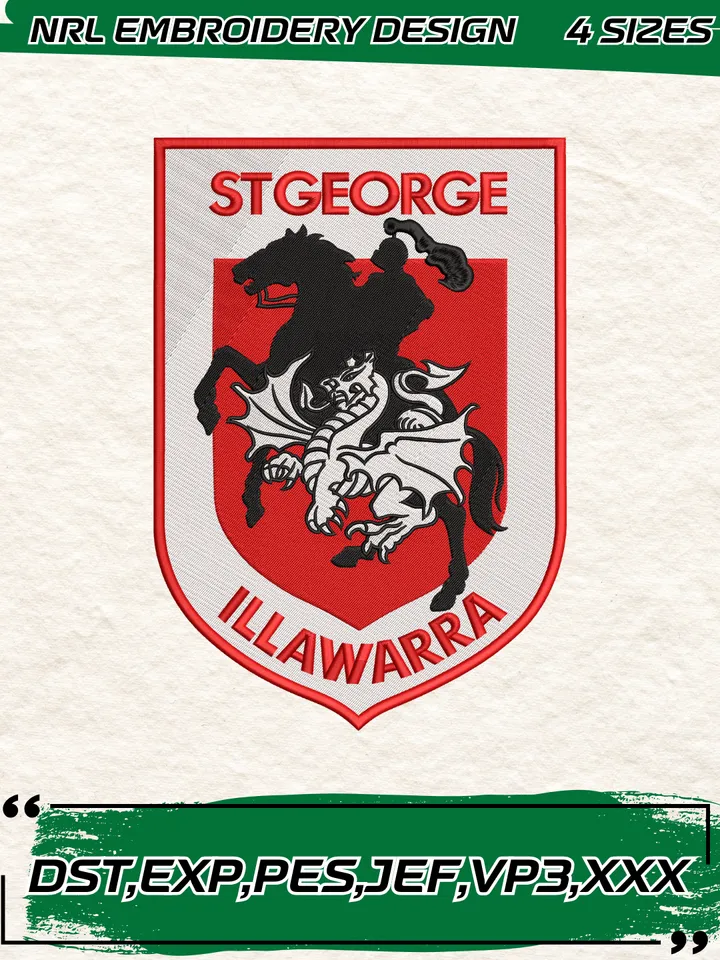St George Illawarra Dragons Logo Embroidery Design,NRL Machine Embroidery Digitized Pes File,4 Sizes, Instant Download