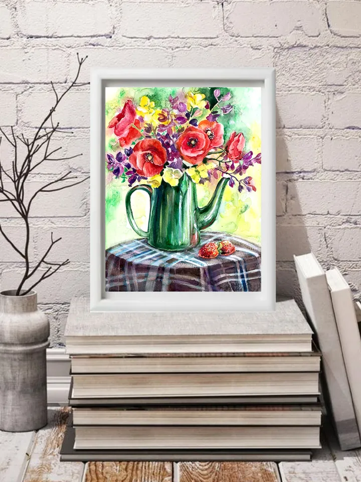 Summer bouquet with poppies, watercolor painting