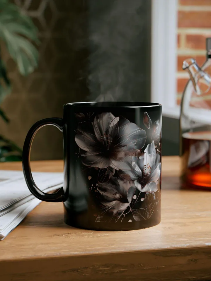 Elegant Floral Mug, Botanical Coffee Cup, Black Ceramic Drinkware, Gift for Gardeners, Mother's Day Present