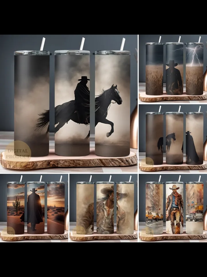 10 Western Cowboy 20 Oz Tumbler Wraps png Bundle, Cowboy and Cowgirl Bundle Sublimation Tumbler Designs png, Cowboy and Cowgirl on Horse