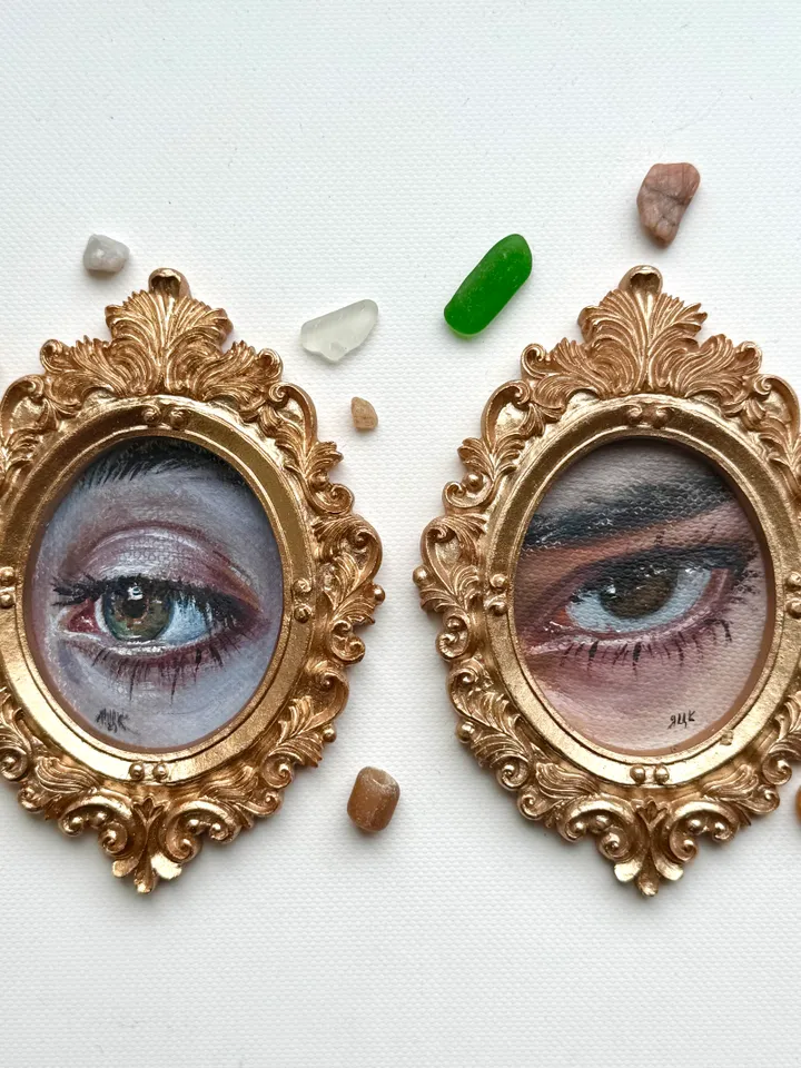 Original Framed Lover's Eye Antique Painting Illustration Vintage Style Small