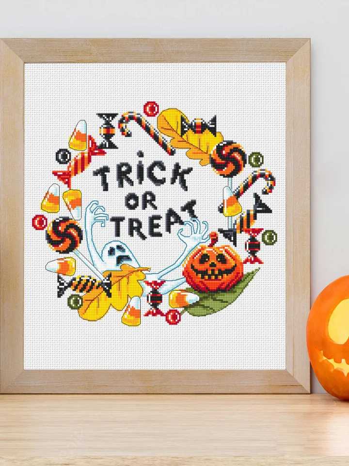 Trick or treat cross stitch pattern download PDF Halloween wreath cross stitch chart, Halloween pattern digital PDF, Candy cross stitch #H49