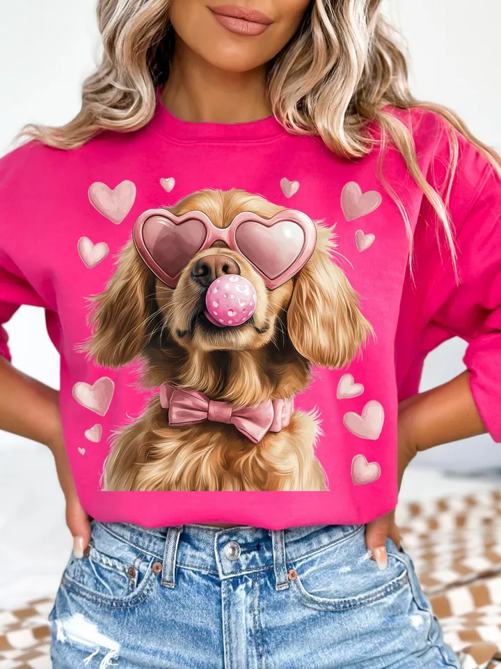 Valentine Dog Lovers png, Golden with heart-shaped glasses, Valentine png, Preppy valentine png, Watercolor Dog Coquette png, Dog Mom png