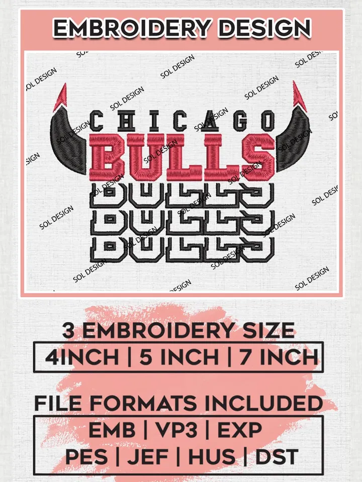 Chicago Bulls Embroidery Design Files, NBA Embroidery Files, NBA Chicago Bulls Machine Embroidery Design, Digital Download