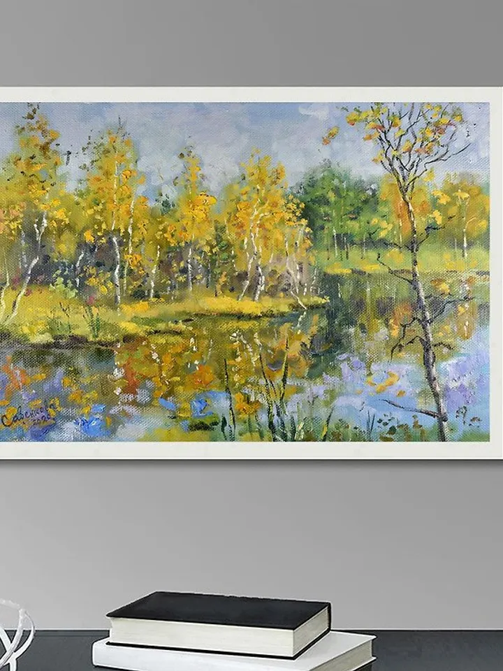 Autumn Walks Painting Lake Birch Landscape Original Art Nature Forest Art
