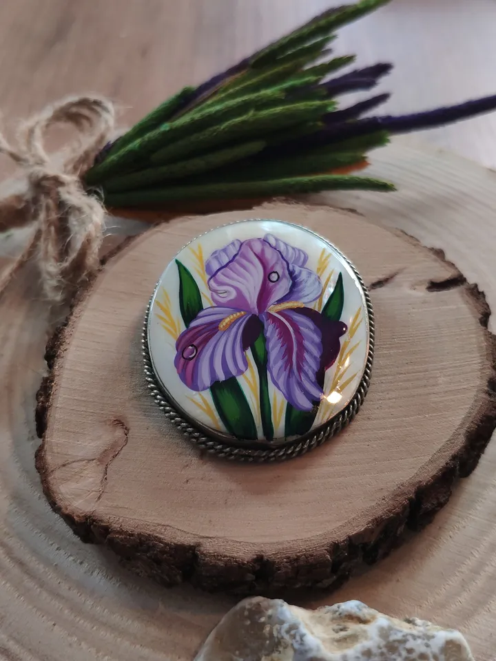Brooches for women: Dainty pink Iris painted on lacquer brooch • Elegant jewelry pin with floral design • Impressive blossom pearl brooch
