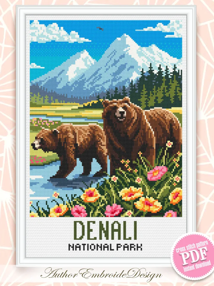 Denali national park cross stitch pattern PDF download Bear cross stitch chart, Mountain landscape pattern digital PDF, Travel poster #L99