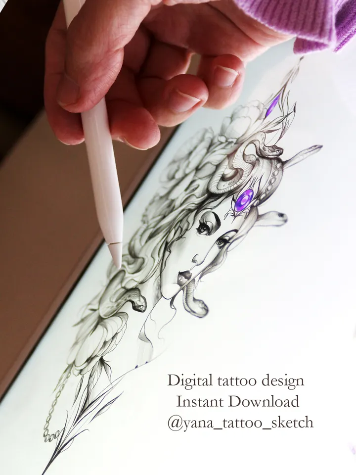 Medusa Tattoo Design Gorgon Medusa Tattoo Idea Stencil Sketch Female, Instant download PDF, JPG