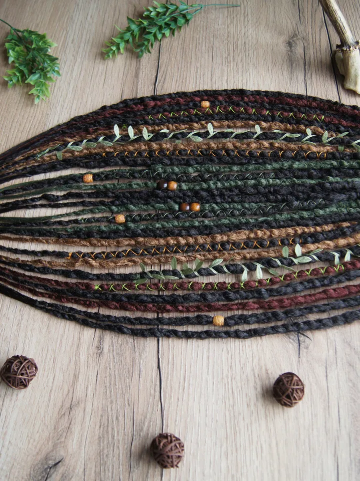 Dreads on hairband, Forest witch kit, Ponytail brown green red synthetic Dreadlocks extensions, bohemian boho style, Wig Hair Falls, cosplay