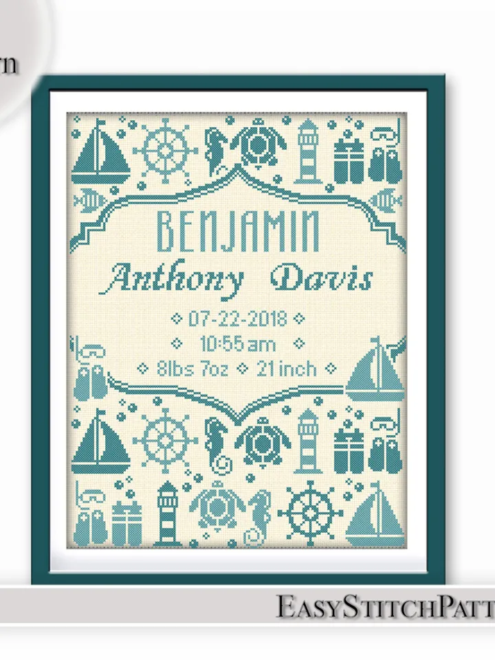 Baby Birthday cross stitch pattern. Save date. Sea cross stitch pattern.