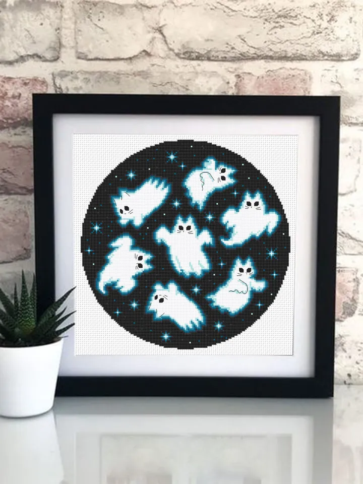 Ghost cat cross stitch pattern PDF download Funny cat ghost cross stitch chart, Halloween embroidery decor, Halloween Cat for cat lover #H66