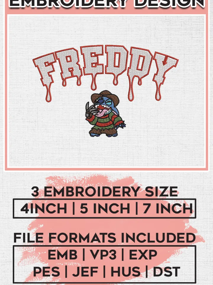 Chibi Stitch x Freddy Krueger Horror Character Drop Name Embroidery designs, Horror Character Machine embroidery designs, Halloween embroidery files, Machine Embroidery Digitized Pes Files, Digital Download
