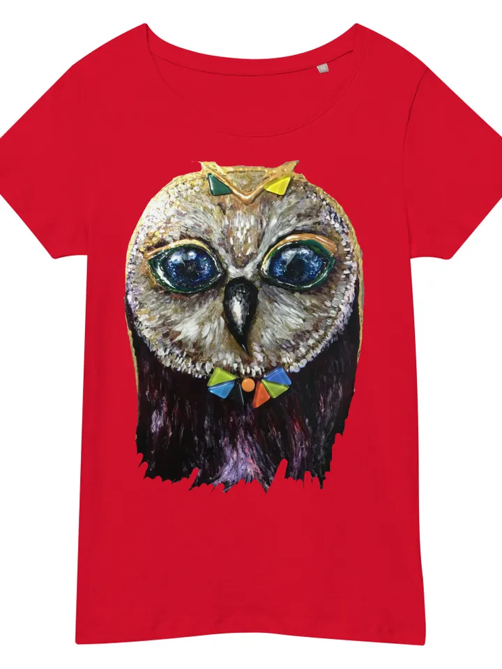 Red owl in glasses Women’s organic t-shirt made with my original stained glass painting,unique design handmade t shirt,special gift for her
