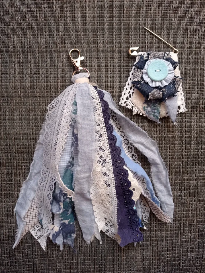 Blue brooch and keychain made of ribbons and boho fabric set