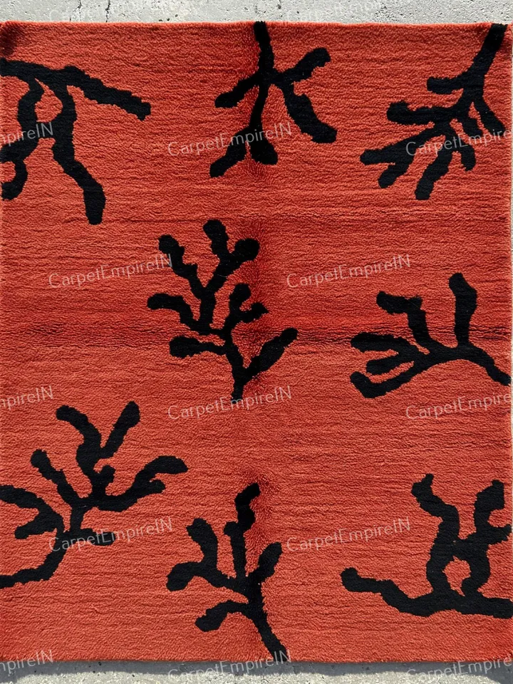 Rustic burnt rug,Orange area rug - Botanical wool rug, Hand-Tufted, Floral carpet, Contemporary, Home decor, floral,4x6,5x7,8x10,9x12,10x14.