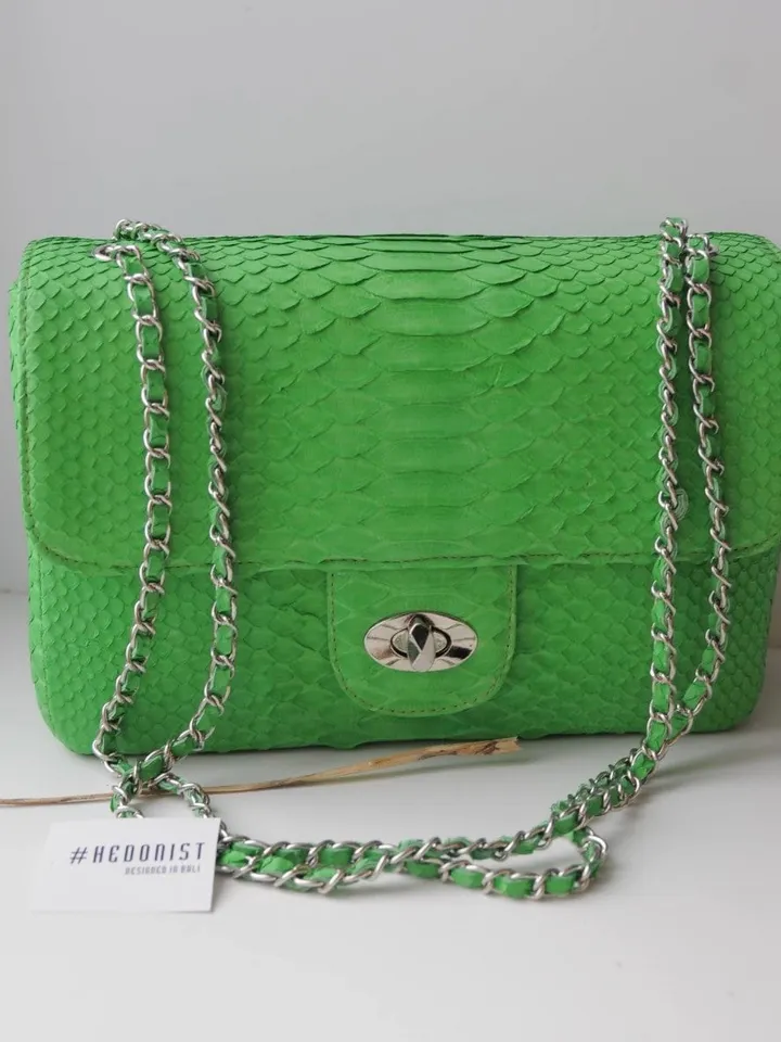 Genuine python skin maxi crossbody bag green colour big, summer big chain crossbody, elegant classy crossbody bag genuine leather summer