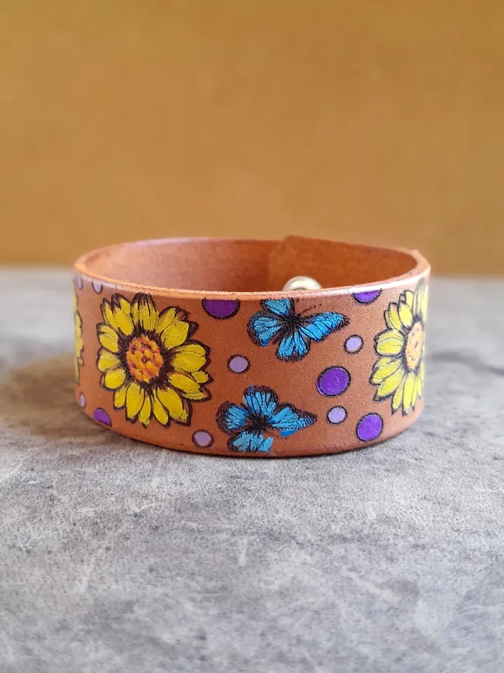 Large Yellow Flowers and Butterflies Bracelet, Hand Painted Women Leather Cuff Bracelet, Personalized Bracelet, Daisies, Plant Lover Gift, Ohana