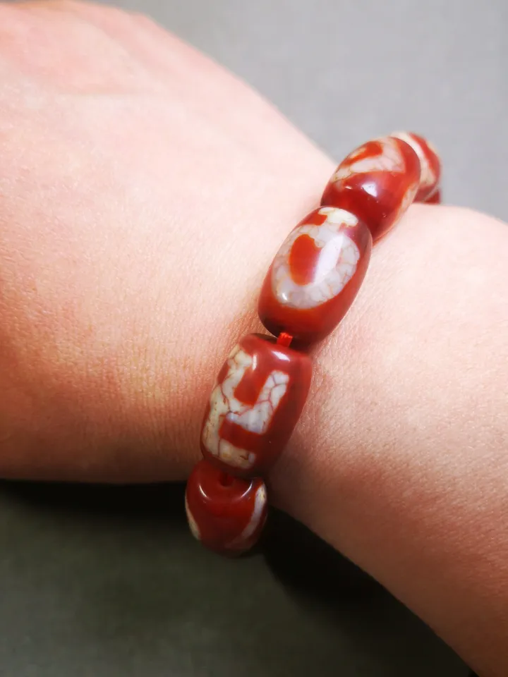 Gandhanra Old Tibetan Dzi Bead Bracelet, Fire Agate Beads Bracelet,Mixed Swastika,Vase,Lotus,Tiger Tooth,and Phum Dzi Beads