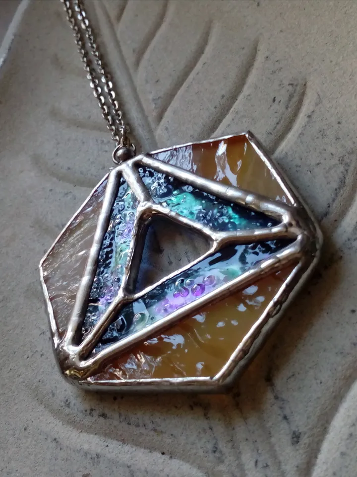 Iridescent stained glass, geometric pendant, Hexagon dichroic necklace, Stained glass cute necklace, Sacred geometry