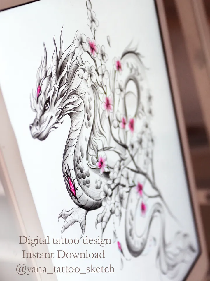 Dragon Tattoo Design Сherry Blossom Tattoo Idea Sketch Stencil, Instant download PDF, JPG