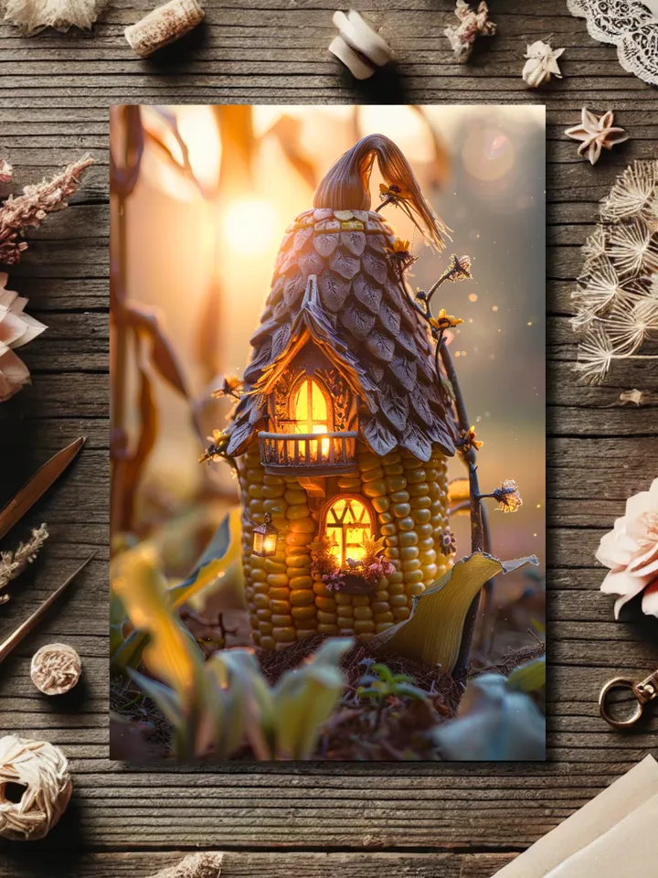 Set of 6 Enchanted Corn Cob Fairy House Postcards – Whimsical Fantasy Art