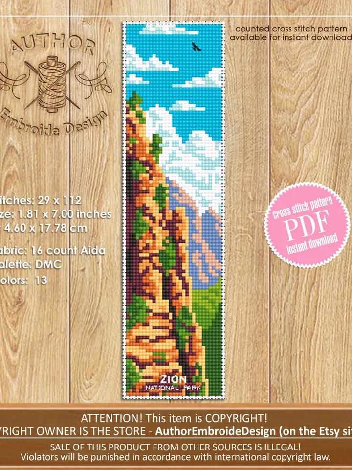 Zion national park bookmark cross stitch pattern PDF download Nature cross stitch chart, Digital bookmark pattern, Mountain landscape #B221
