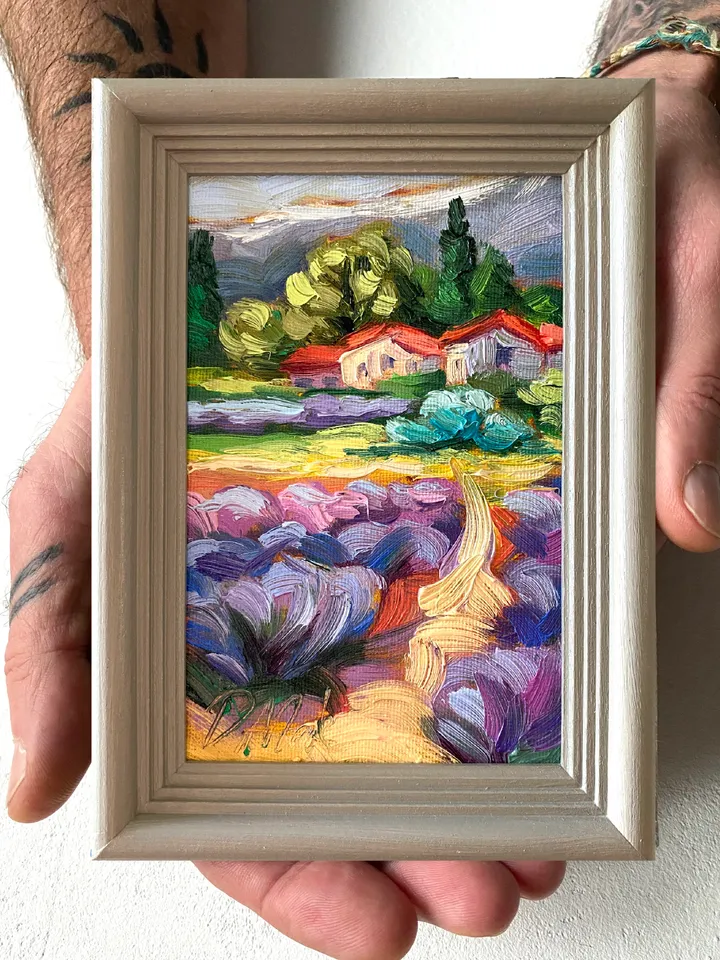 Lavender Fields Painting Tuscany Original Art Landscape Oil Painting Impasto Small Artwork 4x6 Tuscan Serenity Painting Wild Flowers
