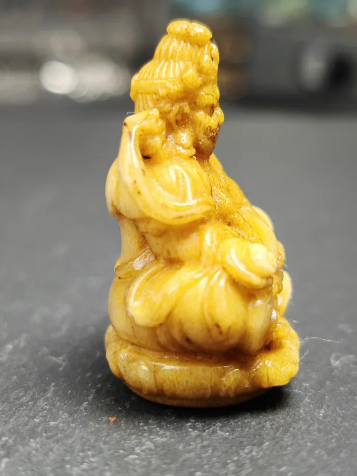 Gandhanra Antique Consecrated Tibetan Buddha statue - Yellow Jambhala(Dzambhala),Carved from Deer Antlers,40mm × 30mm × 20mm