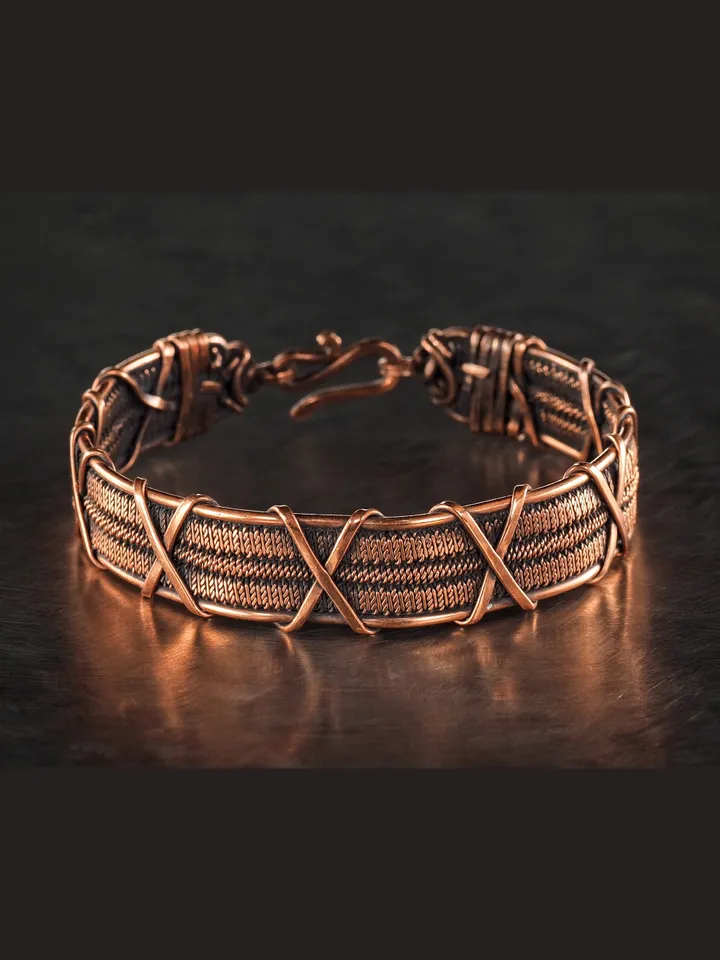Wire wrapped bracelet, Unique 7th 22nd Anniversary gift idea, Art Nouveau antique style, One of kind braided statement bangle, Handmade oxidized pure copper jewelry, Pain relief, EMF protection