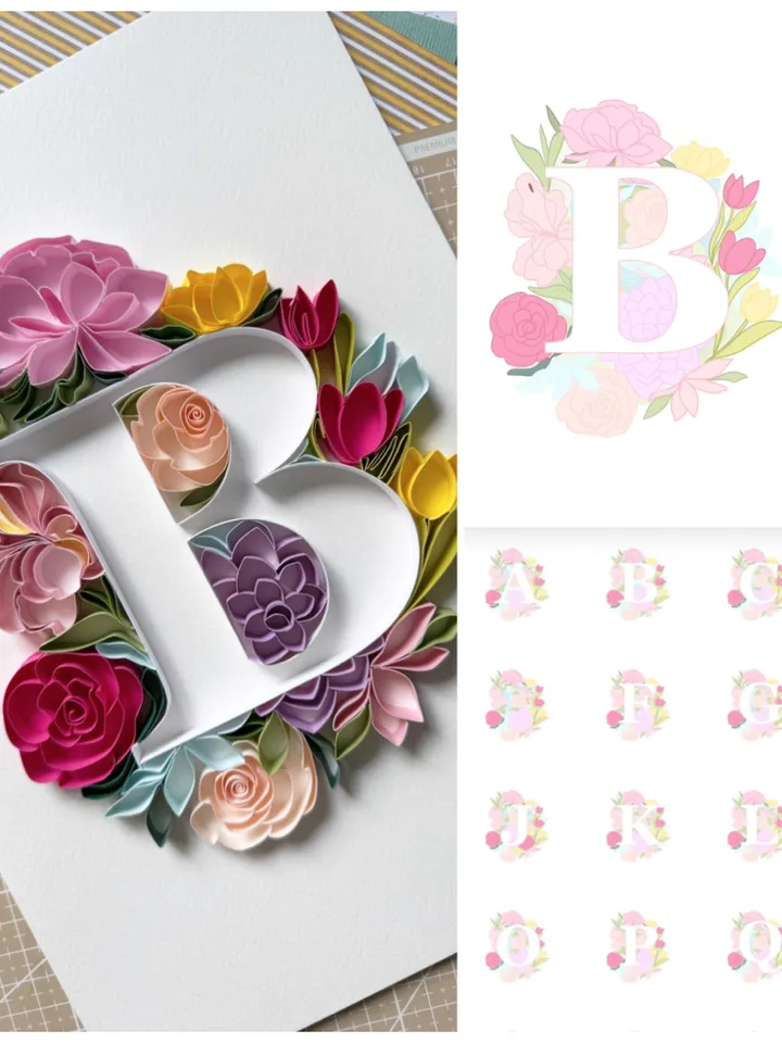 Set of patterns for Quilling | Initials A - Z Letters with flowers