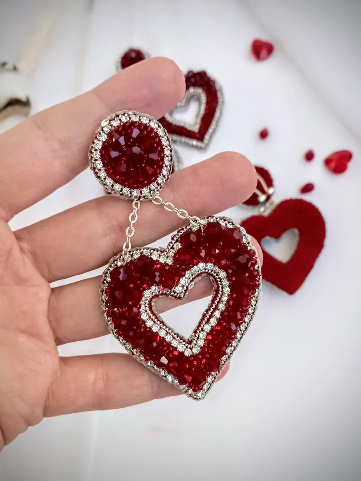 Crystal statement Red heart shaped earrings for women-big love earrings- dangle valentines earrings-heart gift for her