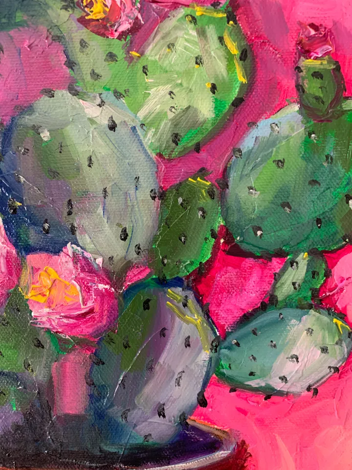 Cactus Painting with Pink Flowers – Original Oil Art on Canvas 16x24 inches