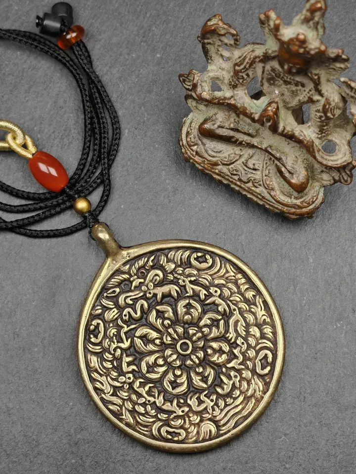 Gandhanra Vintage Mandala Badge - Tibetan Buddhist Amulet, Cross Vajra Pattern Melong Mirror, SIPAHO, Fengshui Protective Pendant