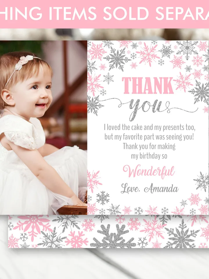 Winter Onederland Thank you card, Winter Onederland Birthday Girl Decorations, Pink Silver Snowflake Note Card
