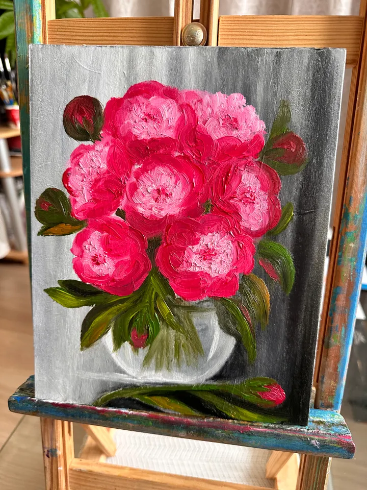 Oil Painting Bouquet of Pink Peonies in a Glass Vase Peonies Flowers Still Life Nature Wall Decor Cardboard 10x8 inches 26x21 cm