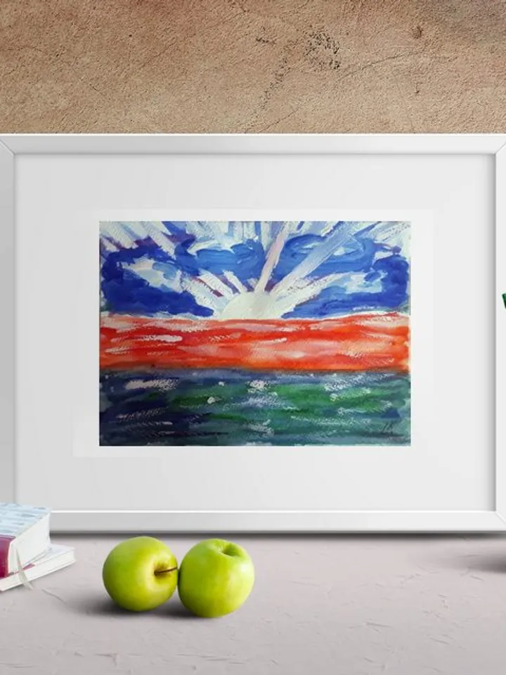 Beautiful Sinrise Seascape Painting Gouache Art on Paper