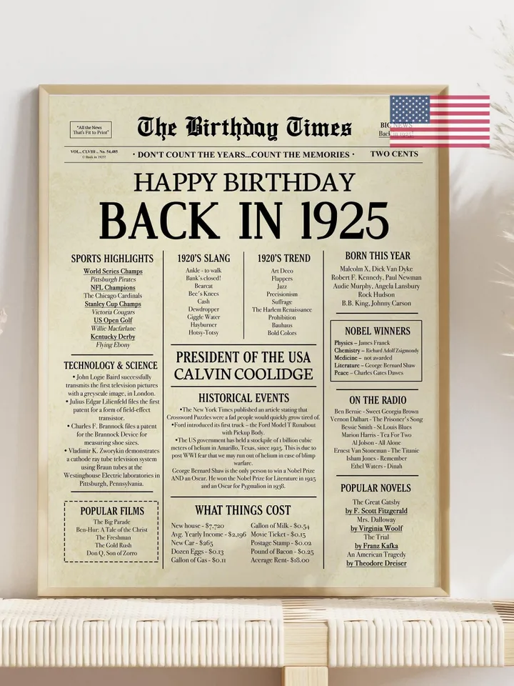 100th Birthday Newspaper Poster, Born in 1925, Vintage 1925 Birthday Sign, 100 Years Ago, Printable Gift for Grandma