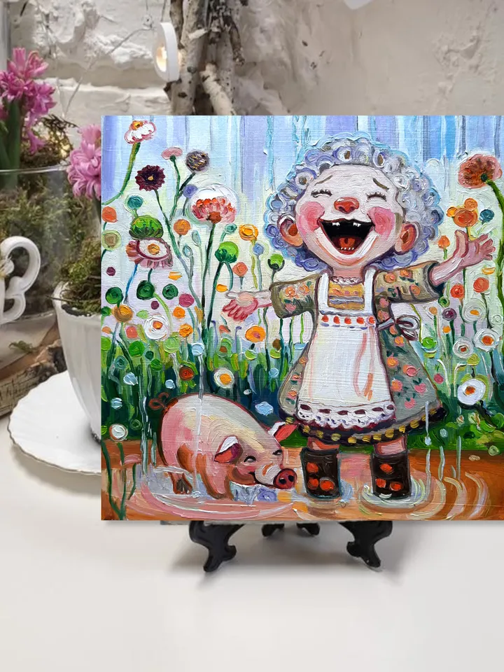 Funny Girl and Pig Original Oil painting 6 by 6 inch