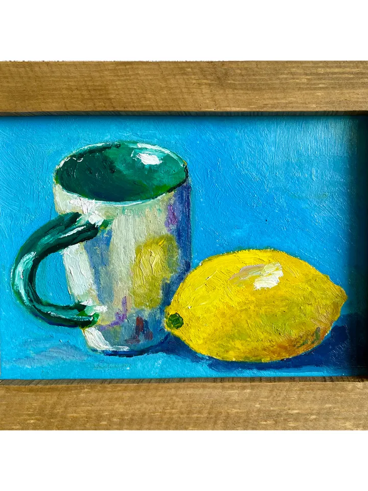 Lemon painting oil, original lemon and cup still life painting, fruit wall art, framed citrus painting, kitchen wall decor