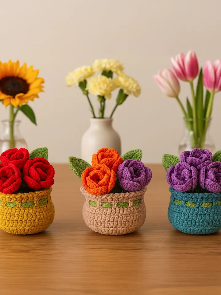 Crochet Flower Basket PDF Pattern, Amigurumi Floral Arrangement, DIY Crochet Home Decor, Handmade Rose Bouquet Tutorial