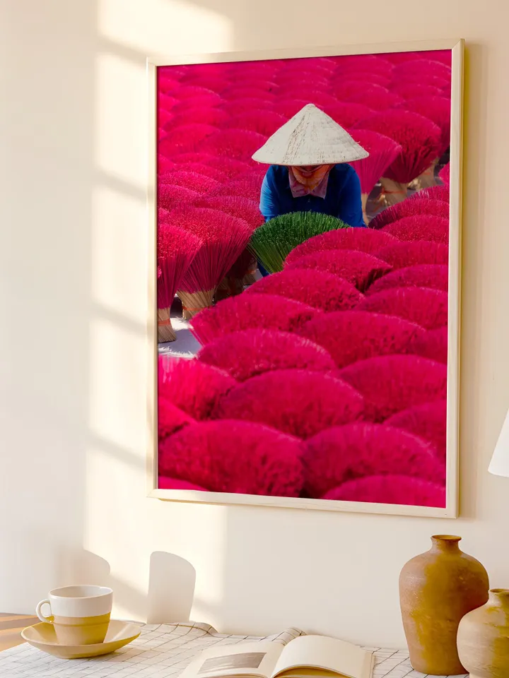 Vietnam Culture Poster | Vibrant Pink Wall Decor | Asian Travel Print | Exotic Home Art | Vietnamese Traditional Life Print | Incense Sticks