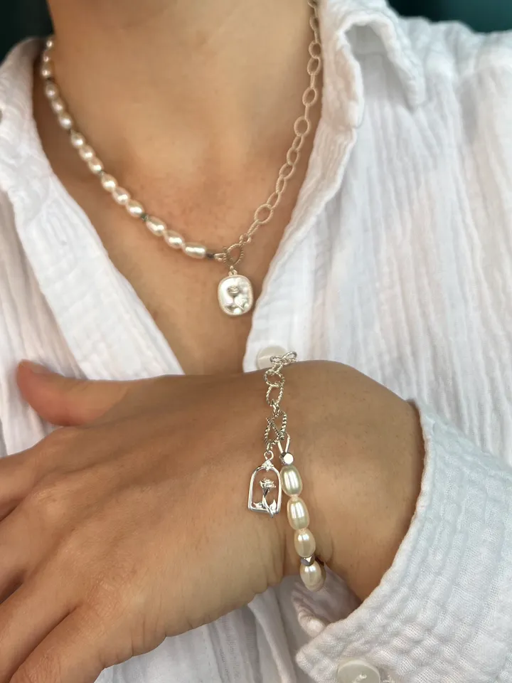 Pearl Silver 925 Jewelry Set Necklace Bracelet BELLE