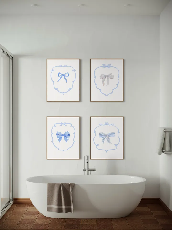 Blue Bow Set Of 4 Watercolor Painting, Nursery Wall Decor, Girls Room Decor, Boys Room Ideas, Coastal Cowgirl Art, Preppy Bow, Blue Girly