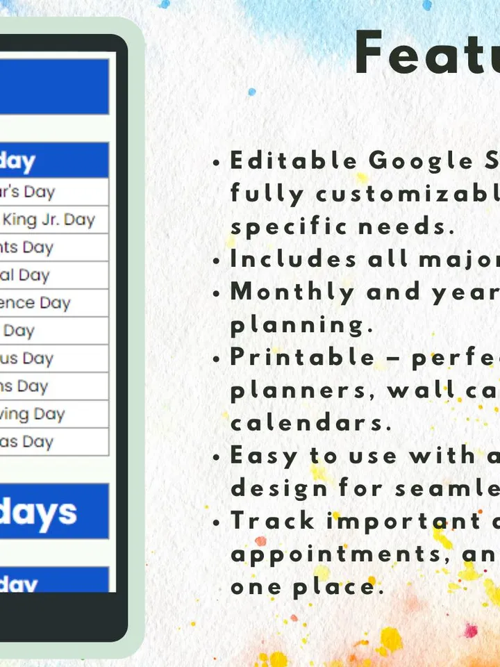 2024-25 Calendar Template with Holidays | Printable & Editable Google Sheets Calendar |Monthly Yearly Planner | Customizable Holiday Planner
