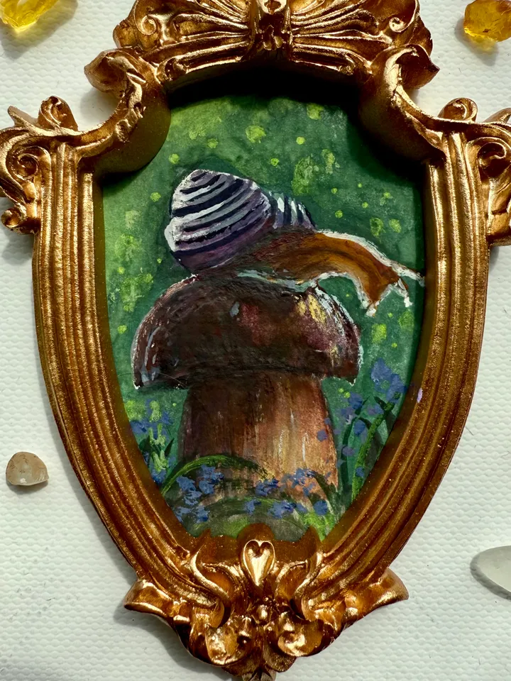 Snail Painting Original In Vintage Style Frame Small Framed Gobllincore Painting Art Slug Art Snail On Mushroom Portrait